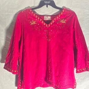 Quacker Factory Red Embroidered Blouse